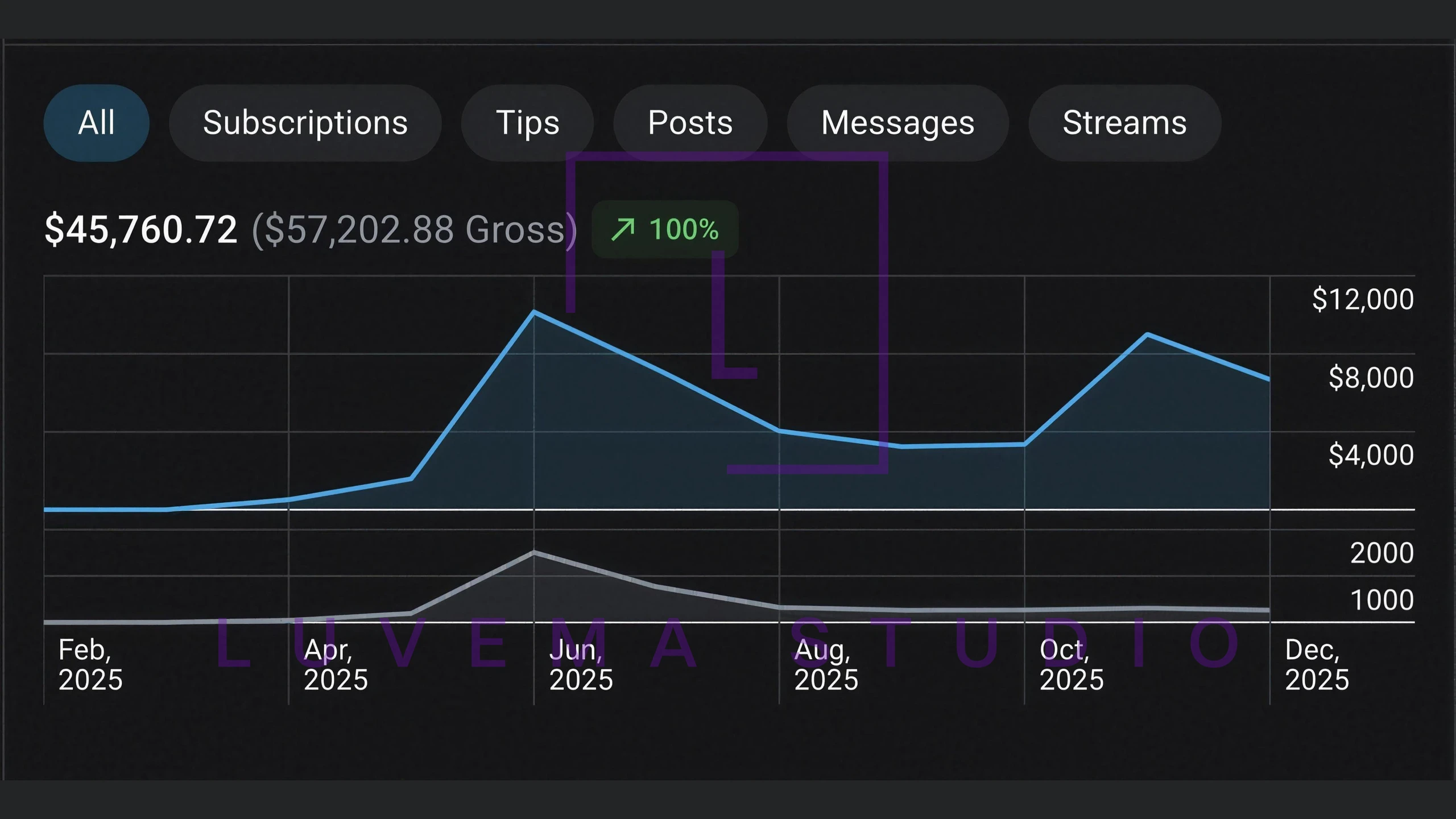 OnlyFans-Statistik: 45.760 $ netto, 57.202 $ Gross · Jahr 2025. Gewatermarkter Screenshot.